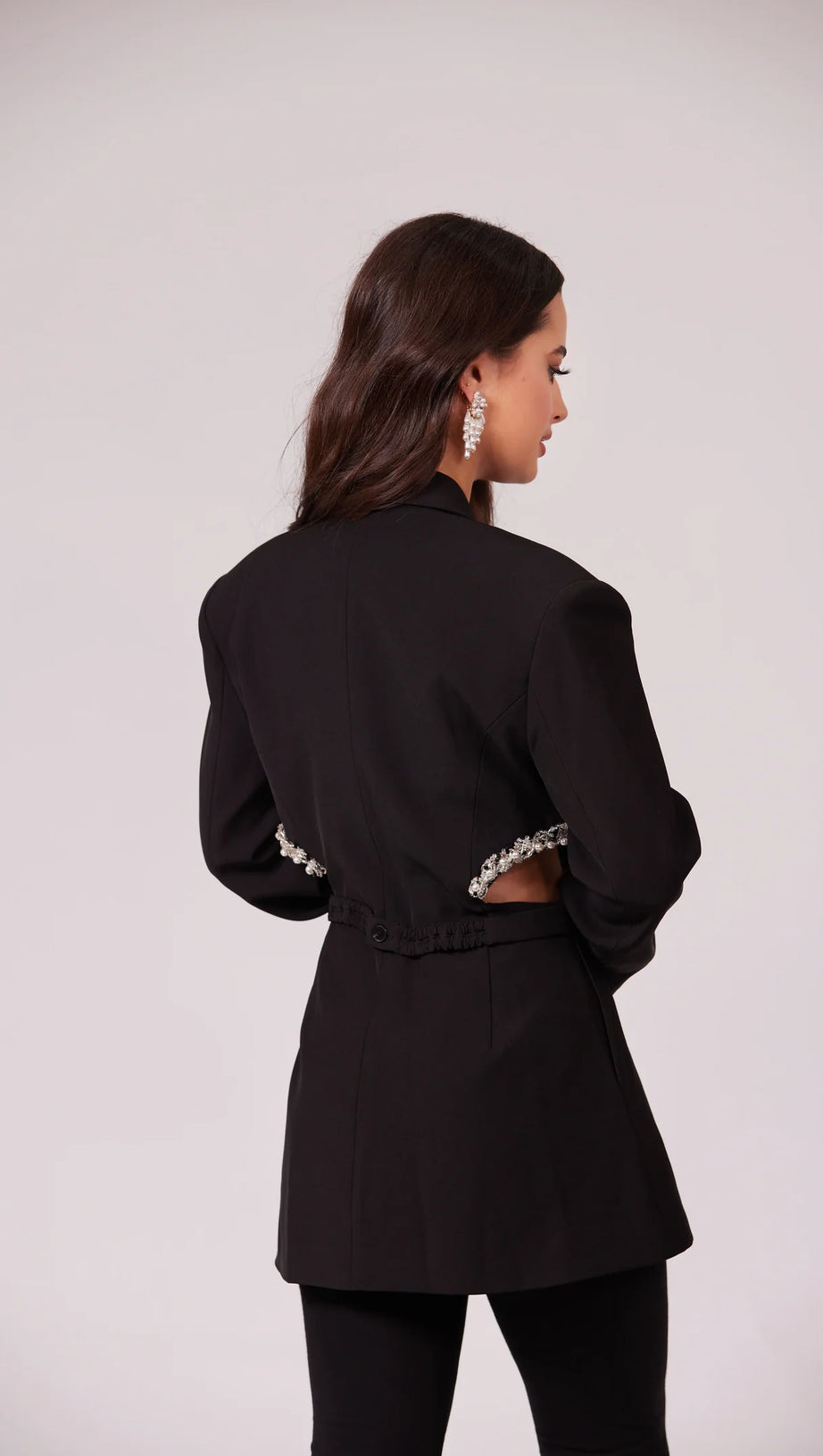 CRYSTAL-EMBELLISHED CUT OUT BLAZER DRESS IN BLACK