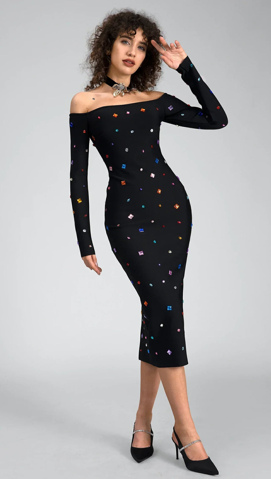 ABITO MIDI A MANICHE LUNGHE CON CRISTALLI GANIDE