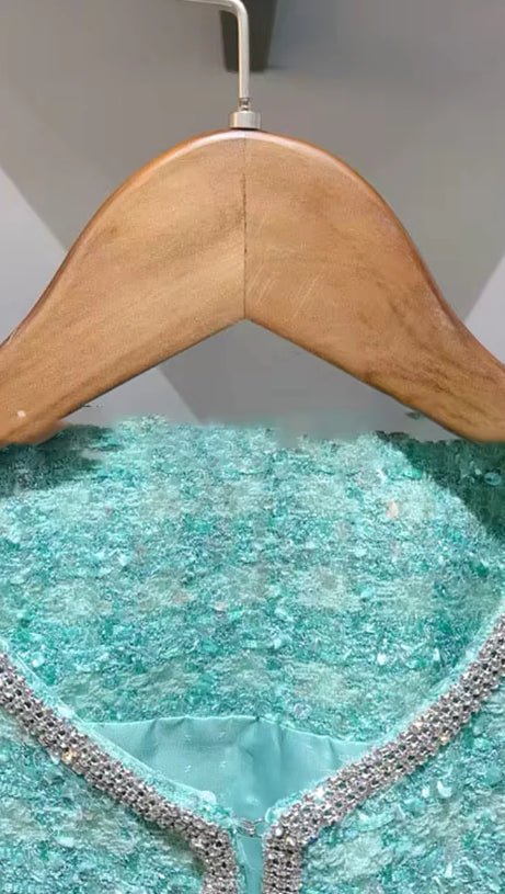 STEPHANIE BOUCLE FEATHER JACKET SUIT IN GREEN