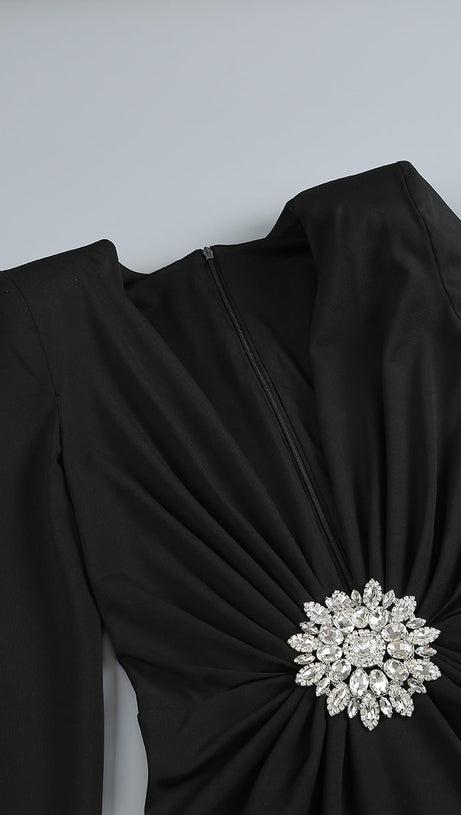 FLORAL-EMBELLISHED CRÊPE MAXI DRESS IN BLACK