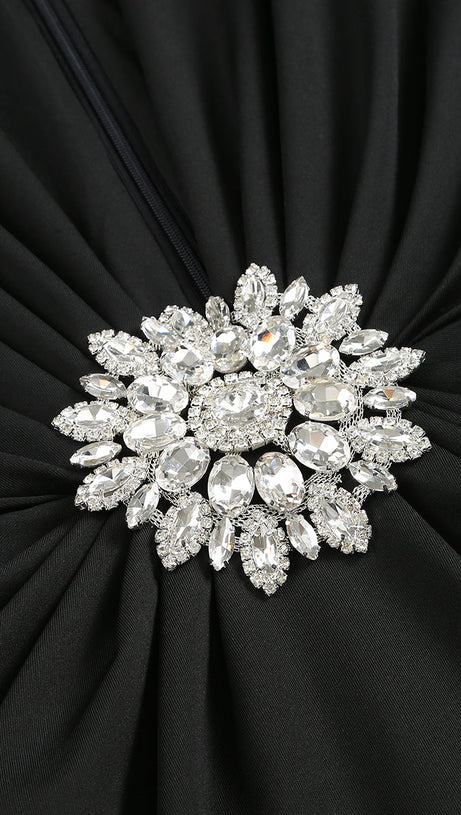 FLORAL-EMBELLISHED CRÊPE MAXI DRESS IN BLACK