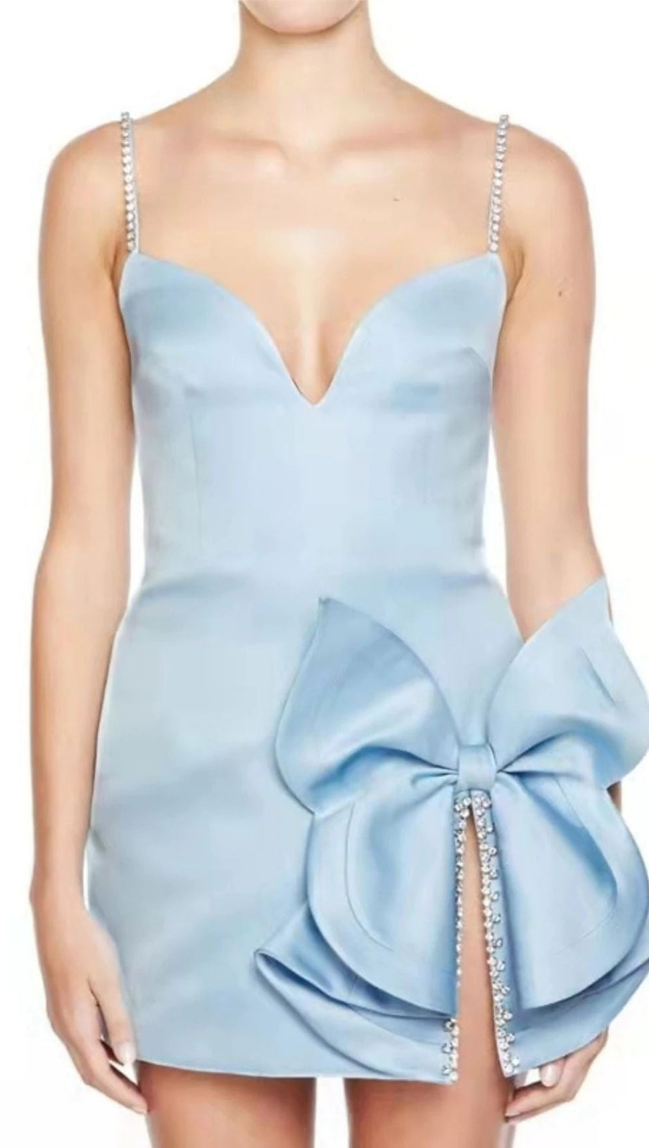 CRYSTAL SLIT BOW TRIMMED MINI DRESS IN BABY BLUE