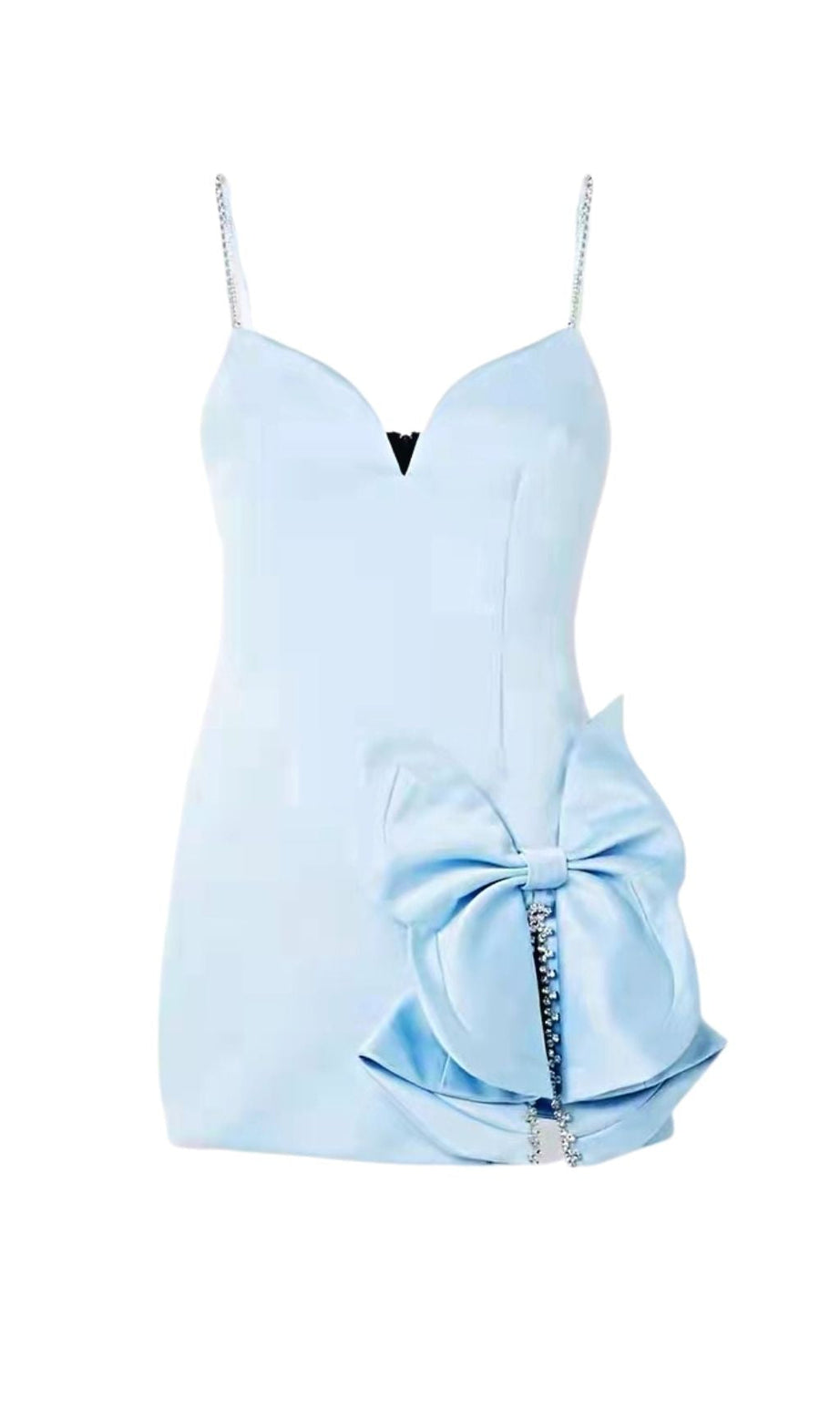MINI ABITO CON FIOCCO E SPACCHI DI CRISTALLI IN AZZURRO