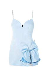 CRYSTAL SLIT BOW TRIMMED MINI DRESS IN BABY BLUE