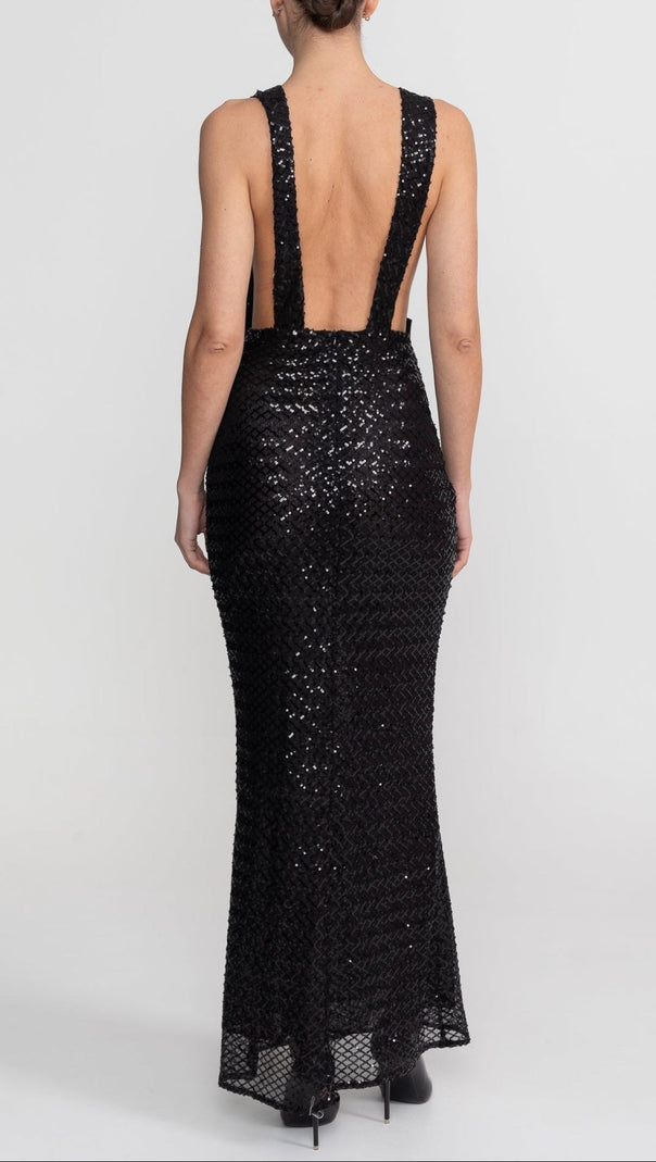 Sequin Maxi Dress With Satin Bow Detail - Black