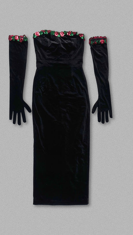 FLORAL DETAIL STRAPLESS MIDI VELVET DRESS IN BLACK