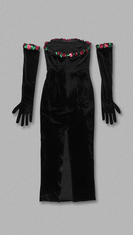 FLORAL DETAIL STRAPLESS MIDI VELVET DRESS IN BLACK