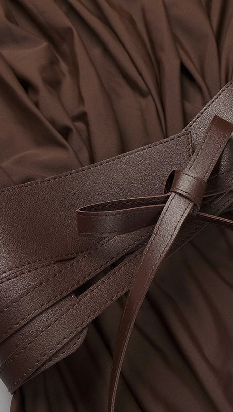 LONG SLEEVE PLUNGE V NECK MAXI DRESS BROWN