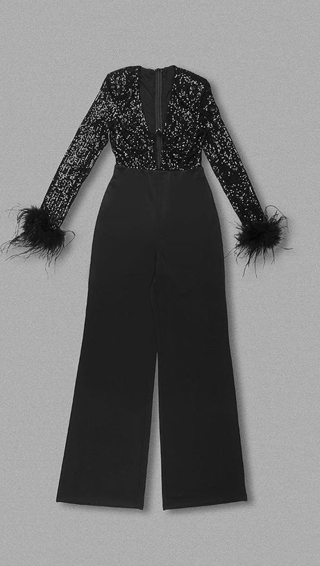 LANGÄRMELIGER JUMPSUIT MIT PAILLETTEN UND FEDERN IN SCHWARZ