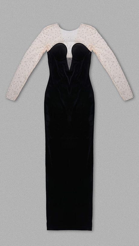 CRYSTAL MESH LONG SLEEVE VELVET MAXI DRESS