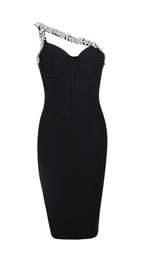 SCHWARZES CROSET-KLEID MIT KRISTALL-TRÄGERN