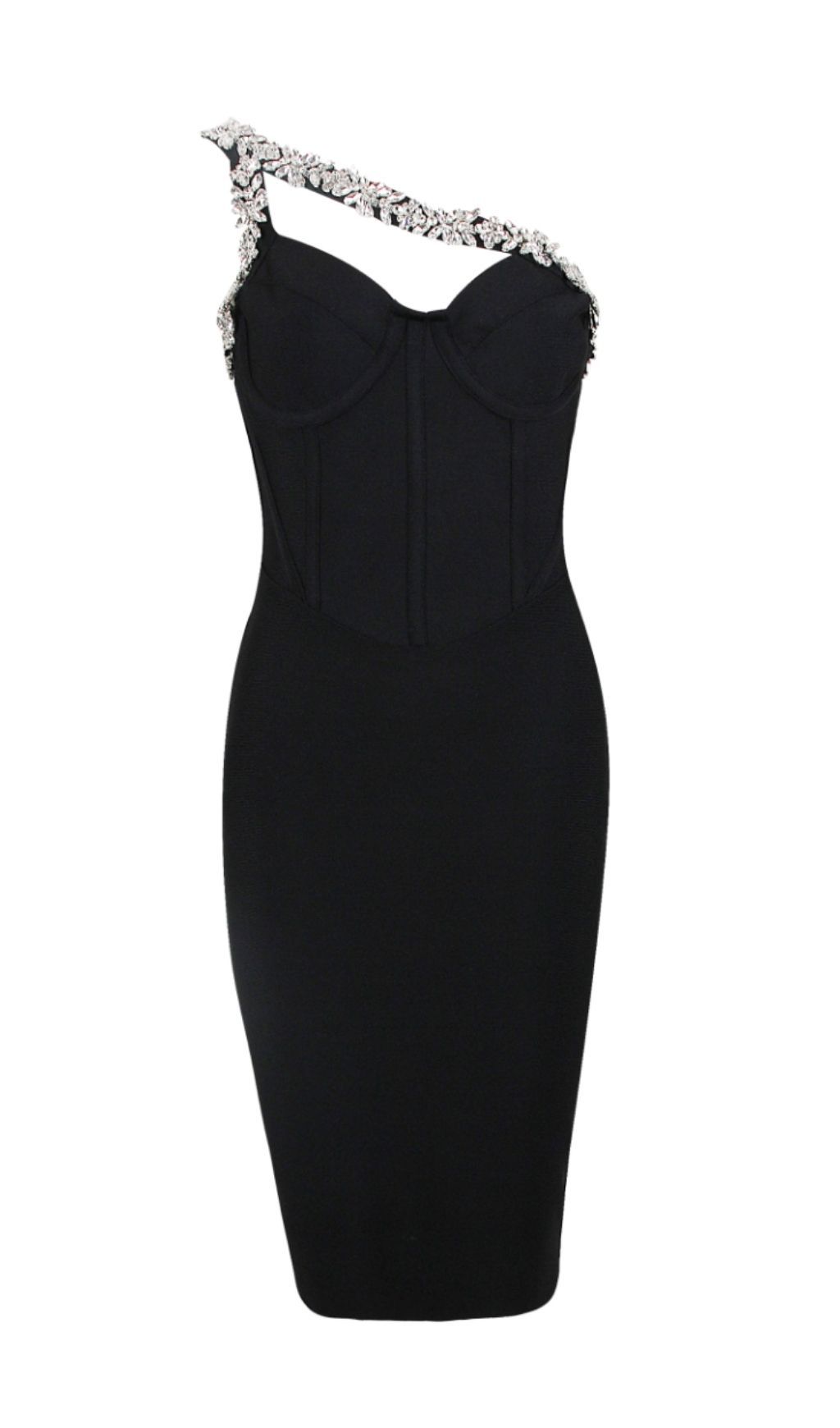 SCHWARZES CROSET-KLEID MIT KRISTALL-TRÄGERN