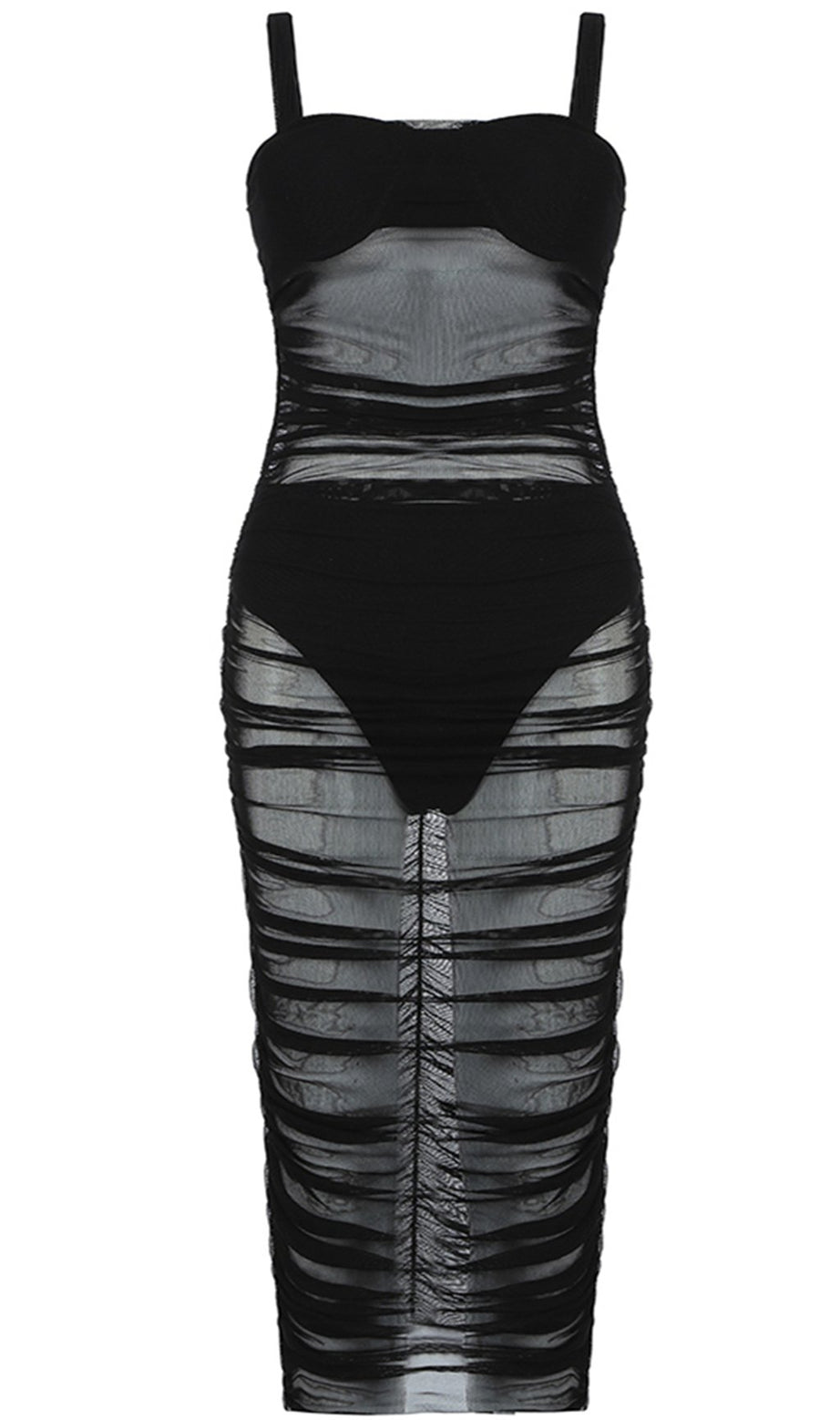 BLACK MESH PERSPECTIVE  LOW-CUT DRESS