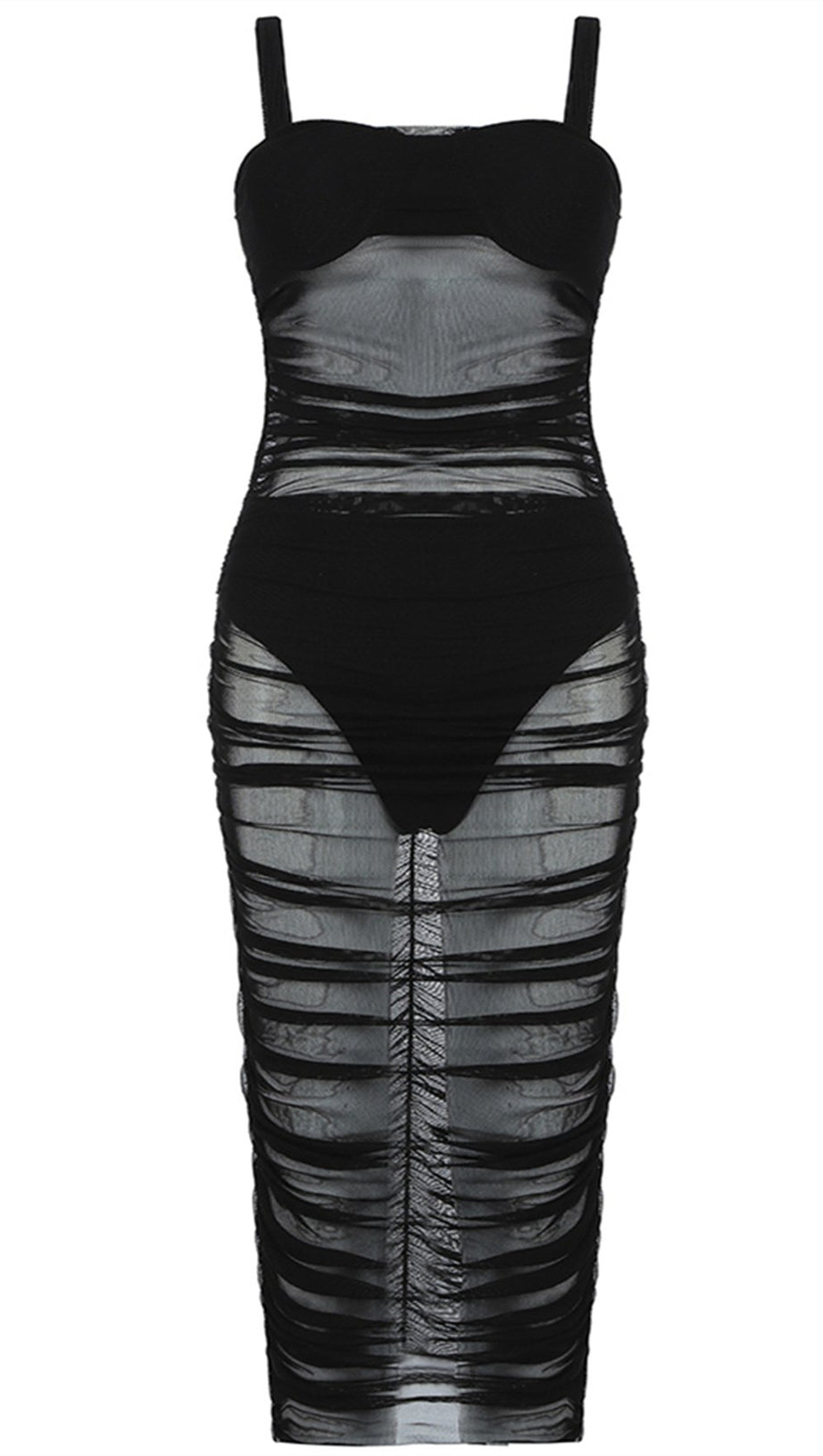 BLACK MESH PERSPECTIVE  LOW-CUT DRESS