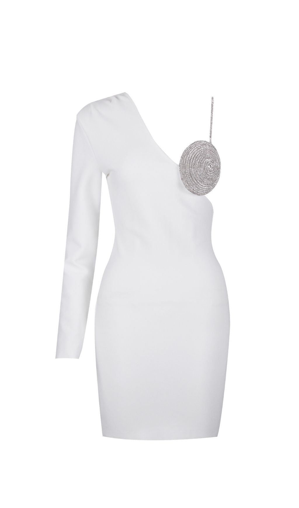 SCHWARZES MINIKLEID MIT EINER SCHULTER UND KRISTALL