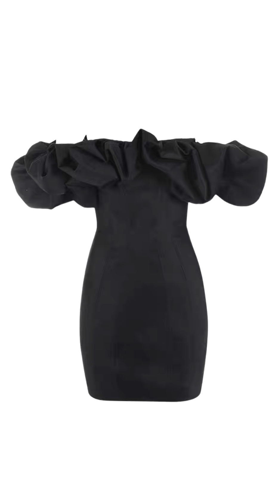 BLACK SATIN RUFFLE STRAPLESS DRESS