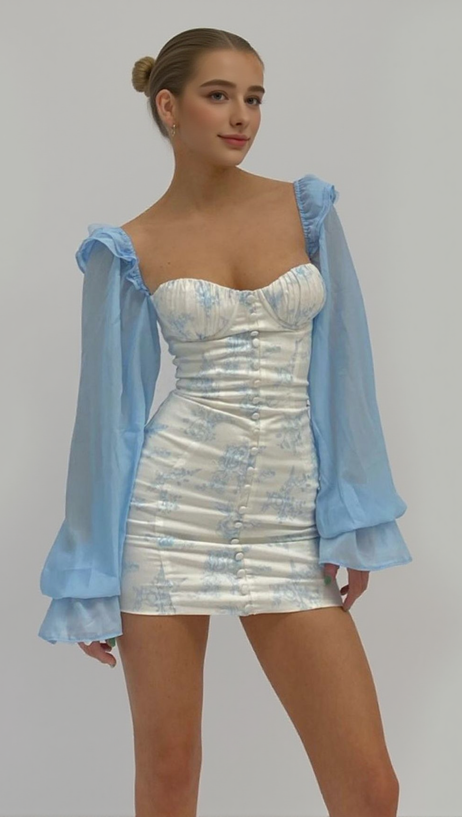 BLUE FLARED SLEEVE PRINT MINI DRESS