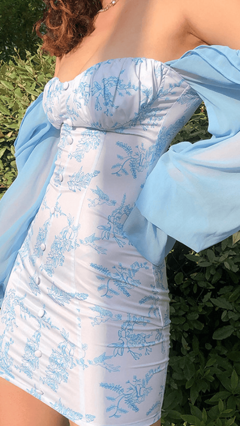 BLUE FLARED SLEEVE PRINT MINI DRESS