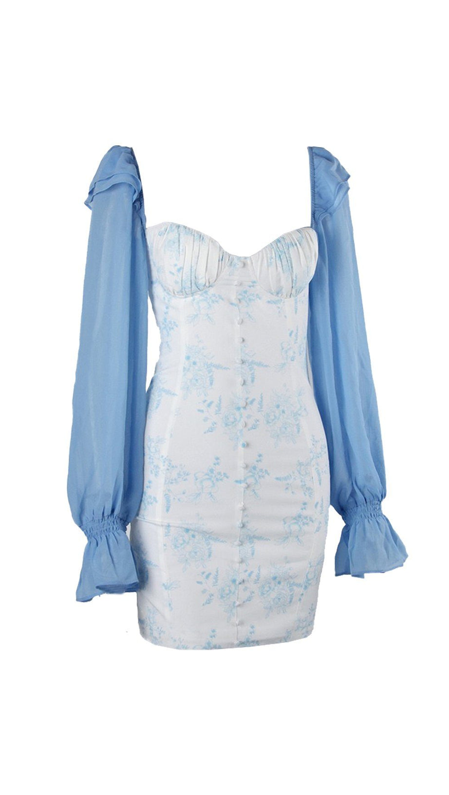 BLUE FLARED SLEEVE PRINT MINI DRESS