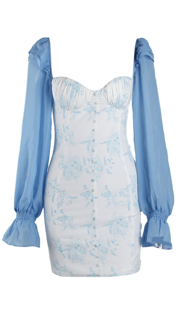 AIIZIE BLUE FLARED SLEEVE PRINT MINI DRESS - product image