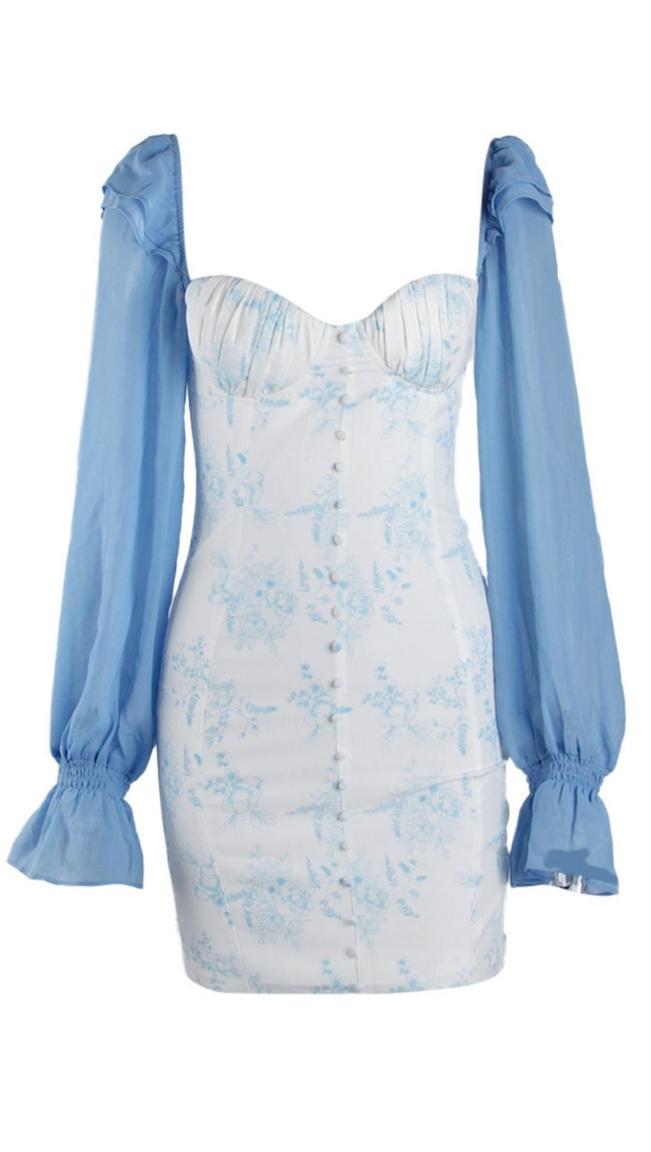 BLUE FLARED SLEEVE PRINT MINI DRESS