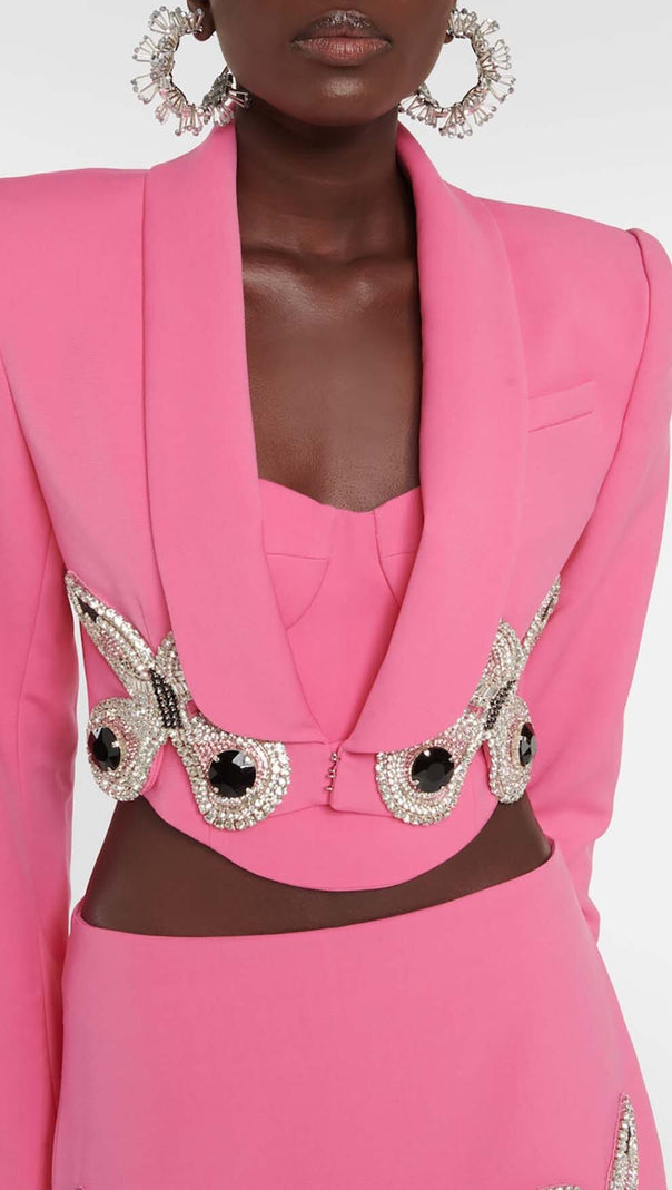 KURZER BLAZER MIT VERZIERUNG UND SCHMETTERLINGSMUSTER IN PINK