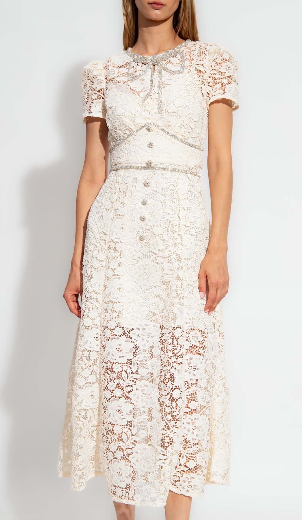 FLORAL LACE BOW MIDI DRESS IN IVORY