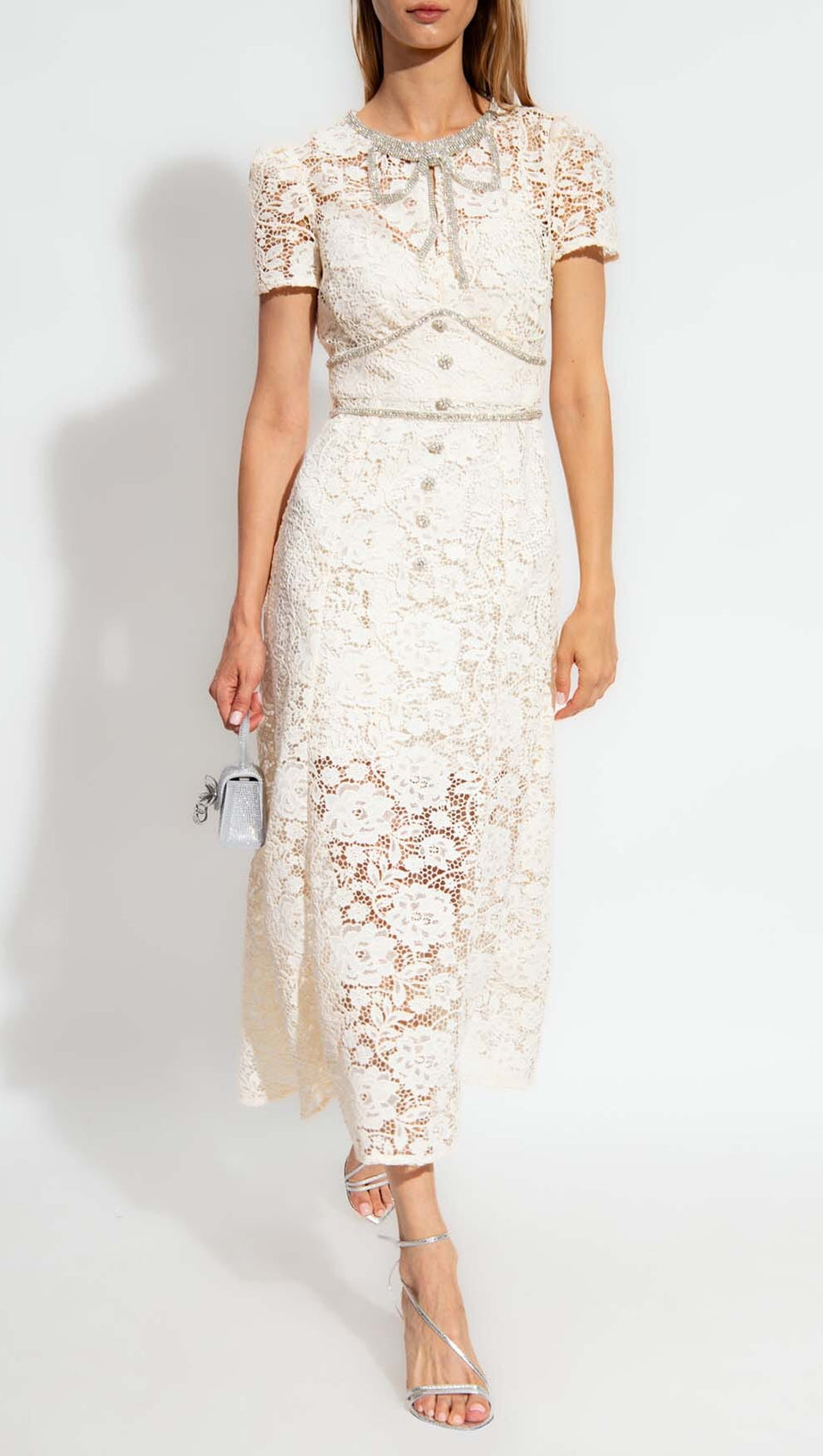 FLORAL LACE BOW MIDI DRESS IN IVORY