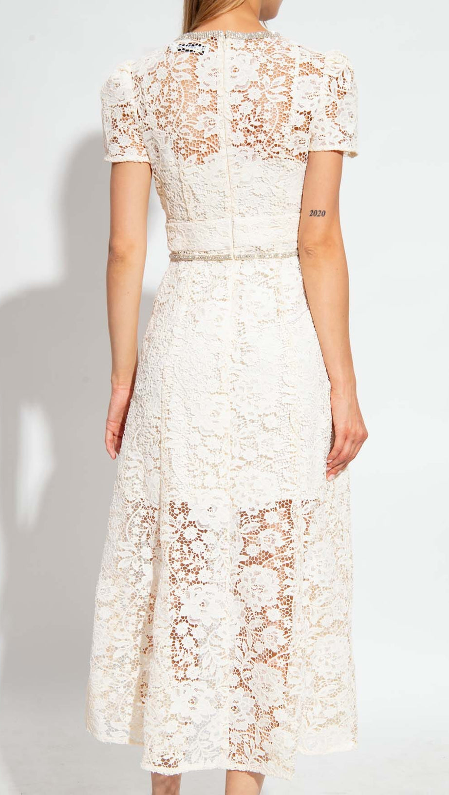 FLORAL LACE BOW MIDI DRESS IN IVORY