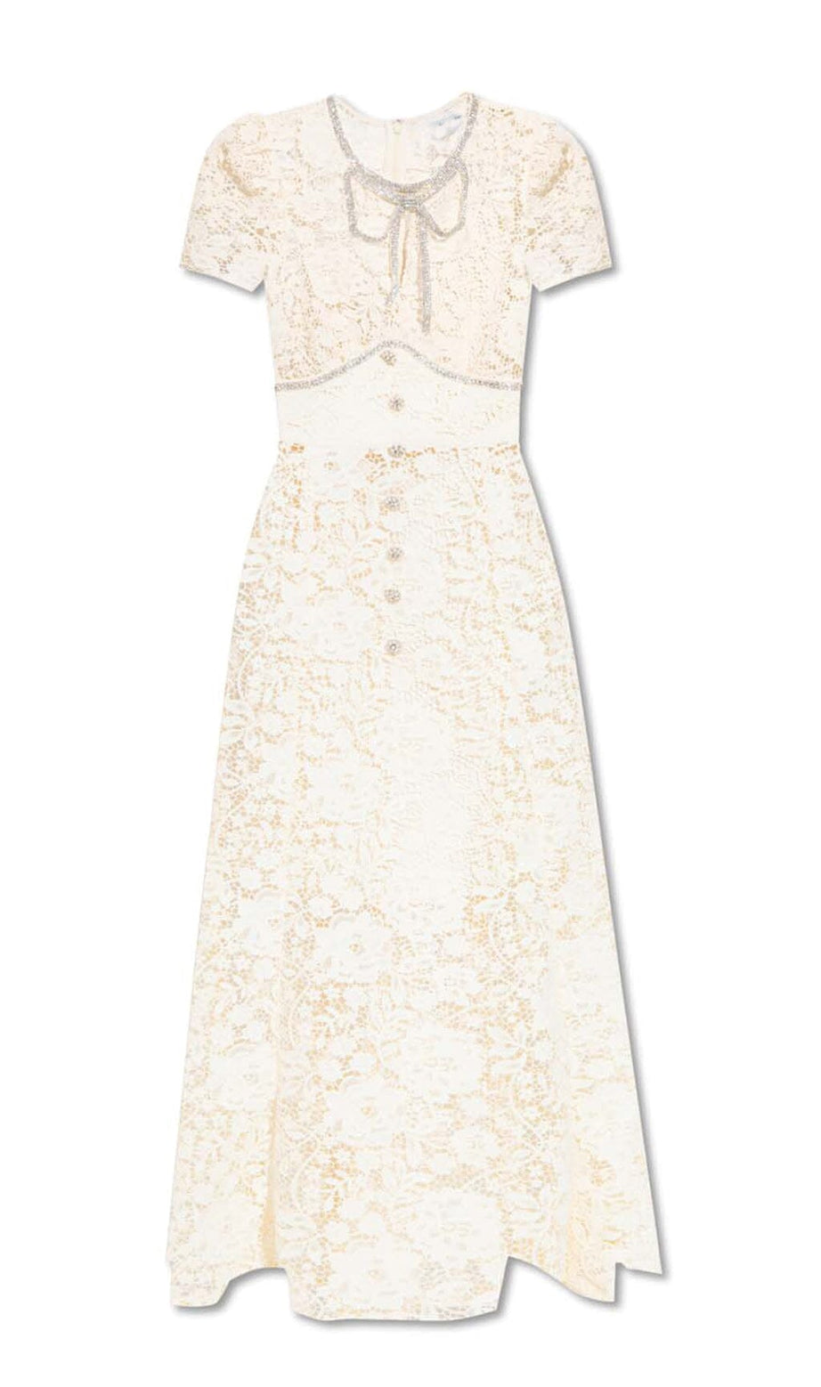 MIDIKLEID MIT BLUMENSPITZENSCHLEIFE IN ELFENBEIN