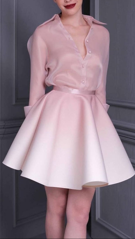 roberta pink long sleeve silk shirt mini skirt set