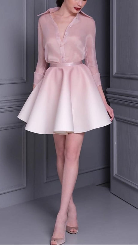 roberta pink long sleeve silk shirt mini skirt set