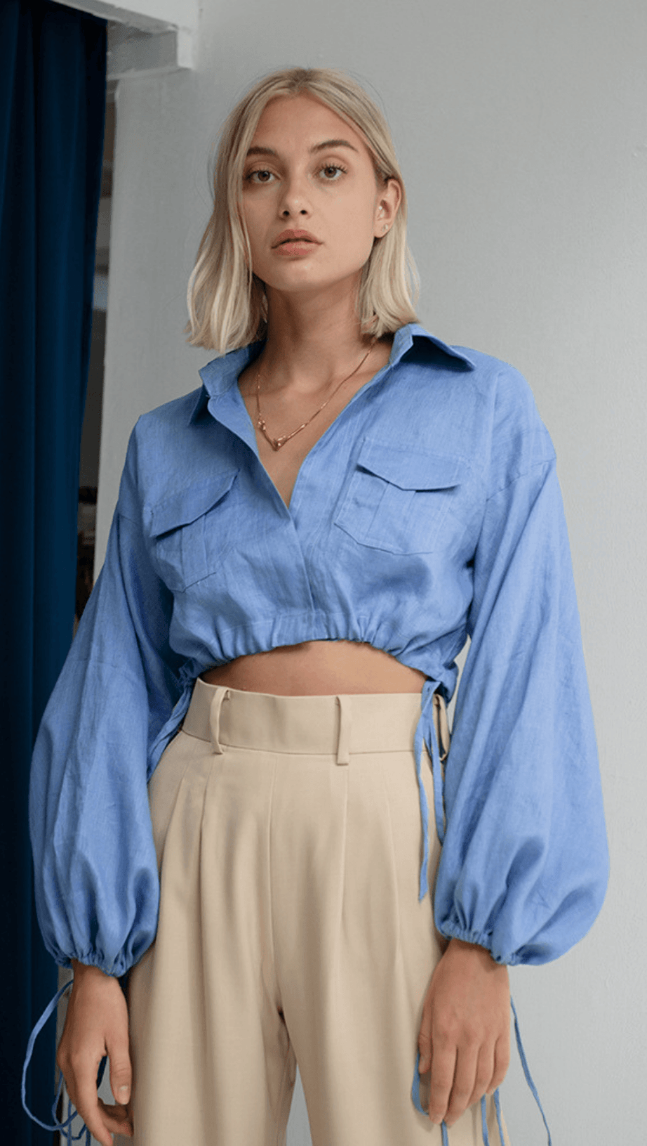 BRAWSTRING WAIST SHORT SHIRT IN BLUE