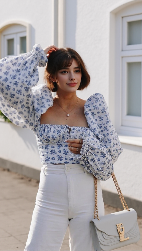 AIIZIE BUBBLE SLEEVE WAISTBAND TOP IN BLUE - product image