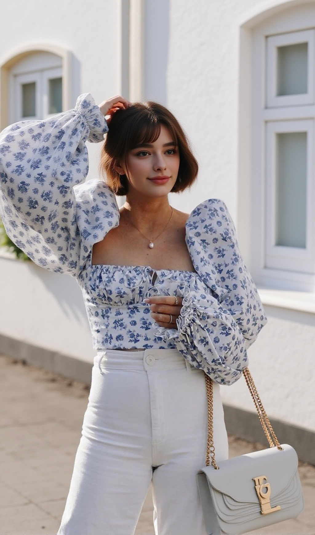 BUBBLE SLEEVE WAISTBAND TOP IN BLUE