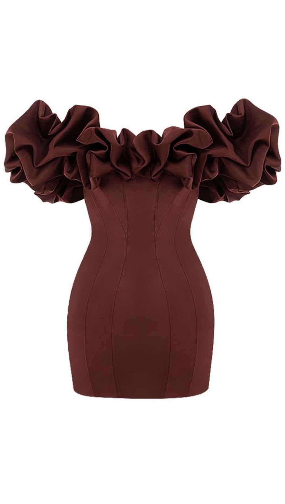 BURGUNDY SATIN RUFFLE STRAPLESS DRESS