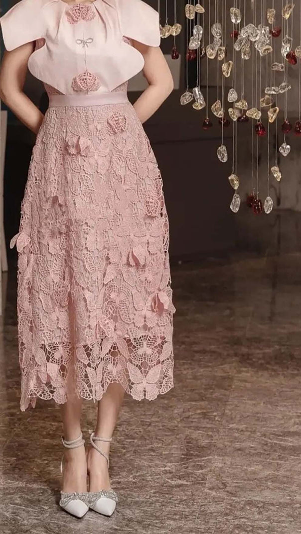 AIIZIE BUTTERFLY EMBROIDERY CLOAK SLEEVE MIDI DRESS IN PINK - product image