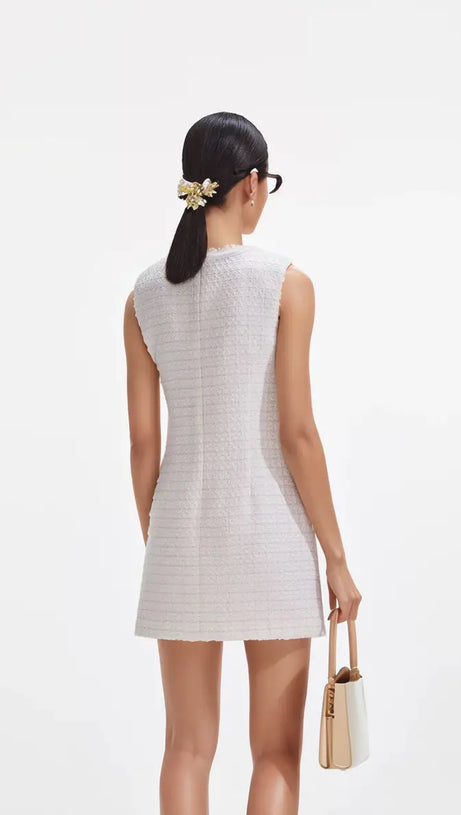 CREAM BOUCLE BOW MINI DRESS