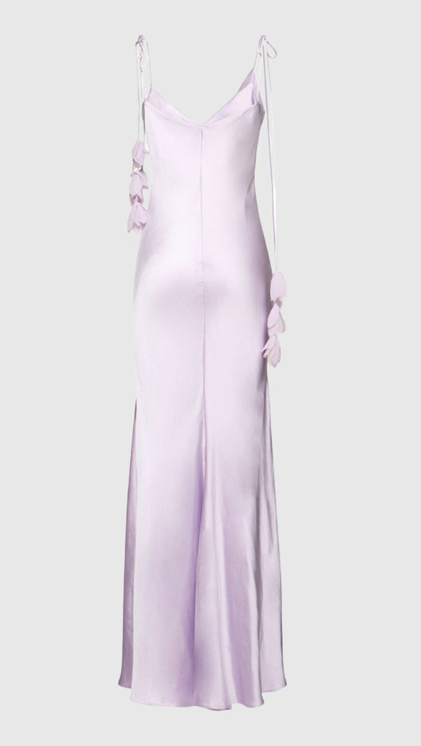AIIZIE BAHARI FLORAL RIBBON SATIN MAXI DRESS IN PURPLE - product image