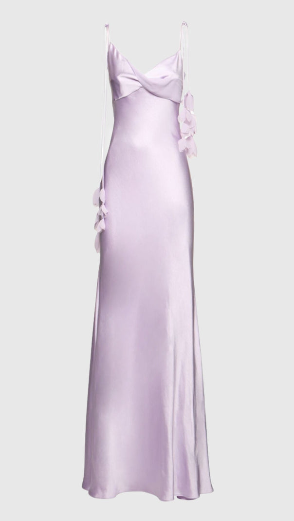 AIIZIE BAHARI FLORAL RIBBON SATIN MAXI DRESS IN PURPLE - product image
