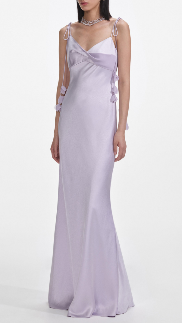 AIIZIE BAHARI FLORAL RIBBON SATIN MAXI DRESS IN PURPLE - product image
