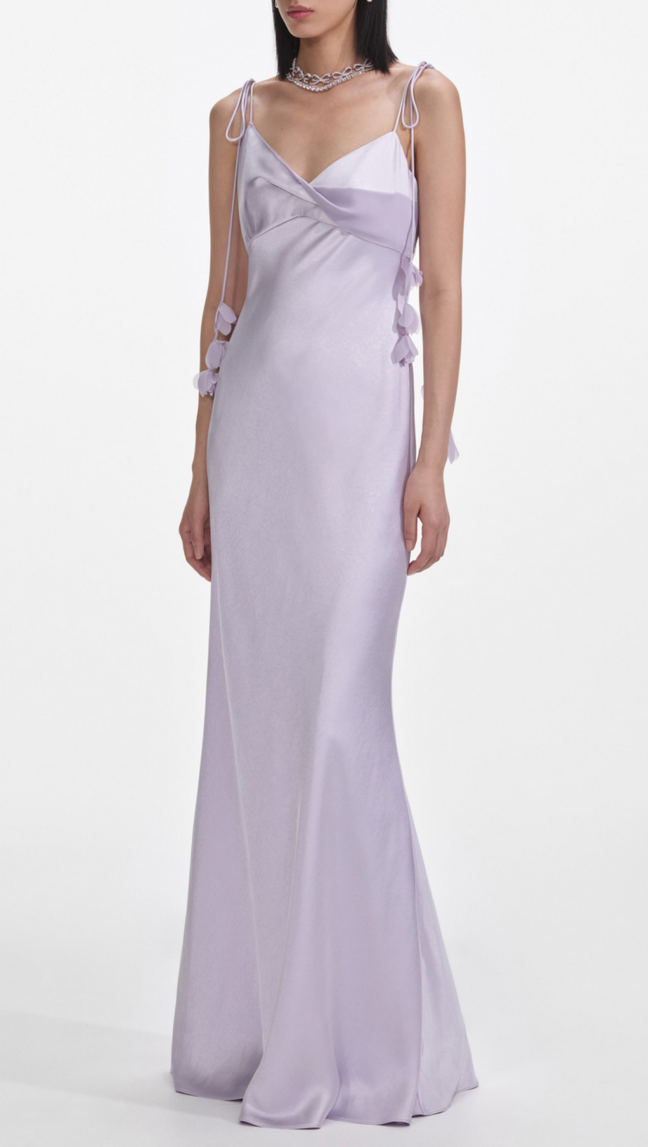 BAHARI FLORAL RIBBON SATIN MAXI DRESS IN PURPLE