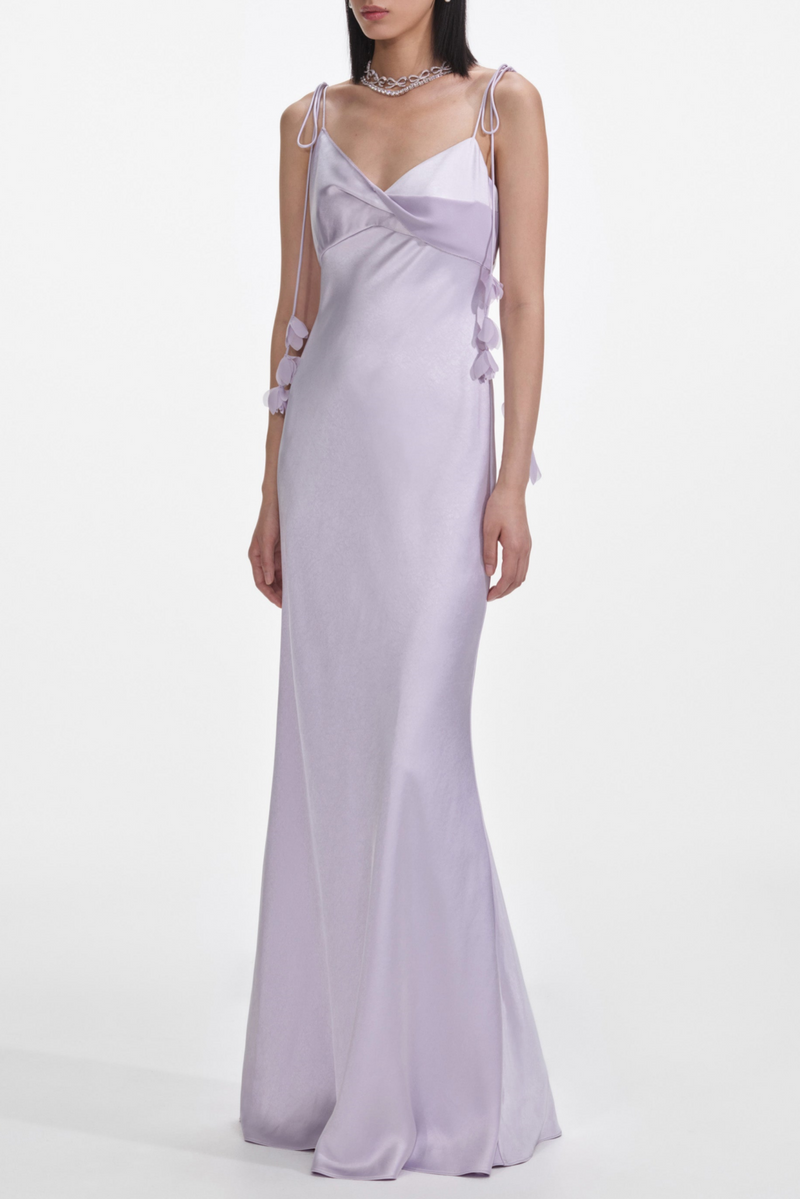 Bahari Floral Ribbon Satin Maxi Dress in purple