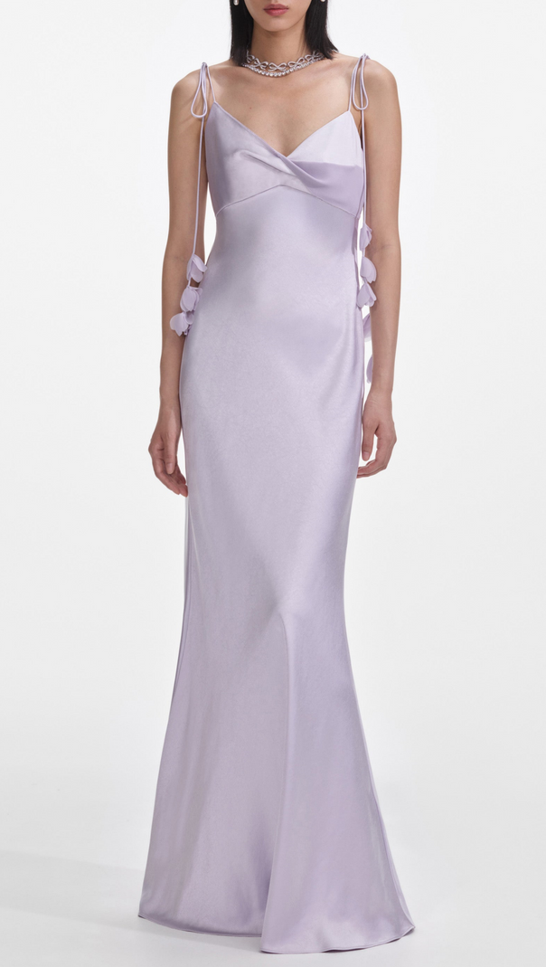 AIIZIE BAHARI FLORAL RIBBON SATIN MAXI DRESS IN PURPLE - product image