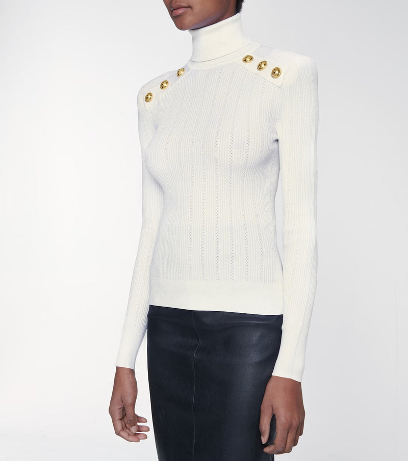 WHITE RIBBED ROLL-NECK SWEATER