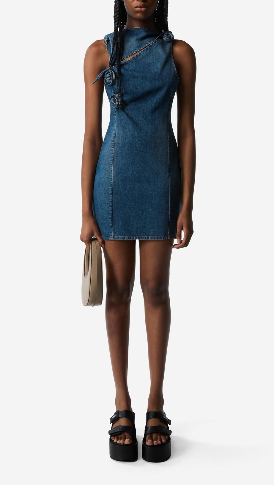 BALTO FLOWER ASYMMETRIC DENIM MINI DRESS