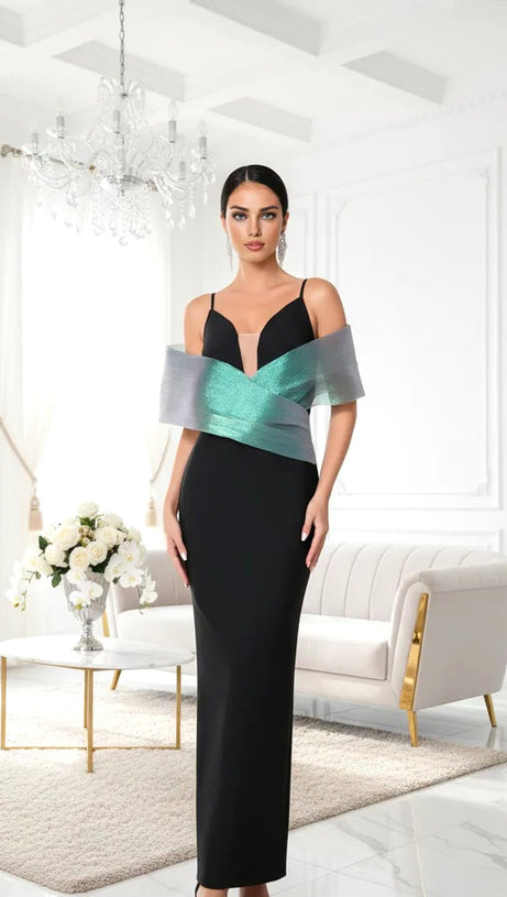 BARDOT DETAIL MAXI DRESS BLACK GREEN