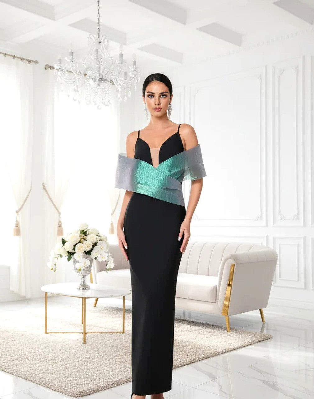 AIIZIE BARDOT DETAIL MAXI DRESS BLACK GREEN - product image