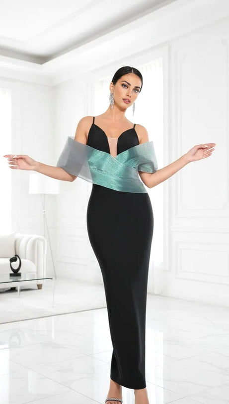 BARDOT DETAIL MAXI DRESS BLACK GREEN