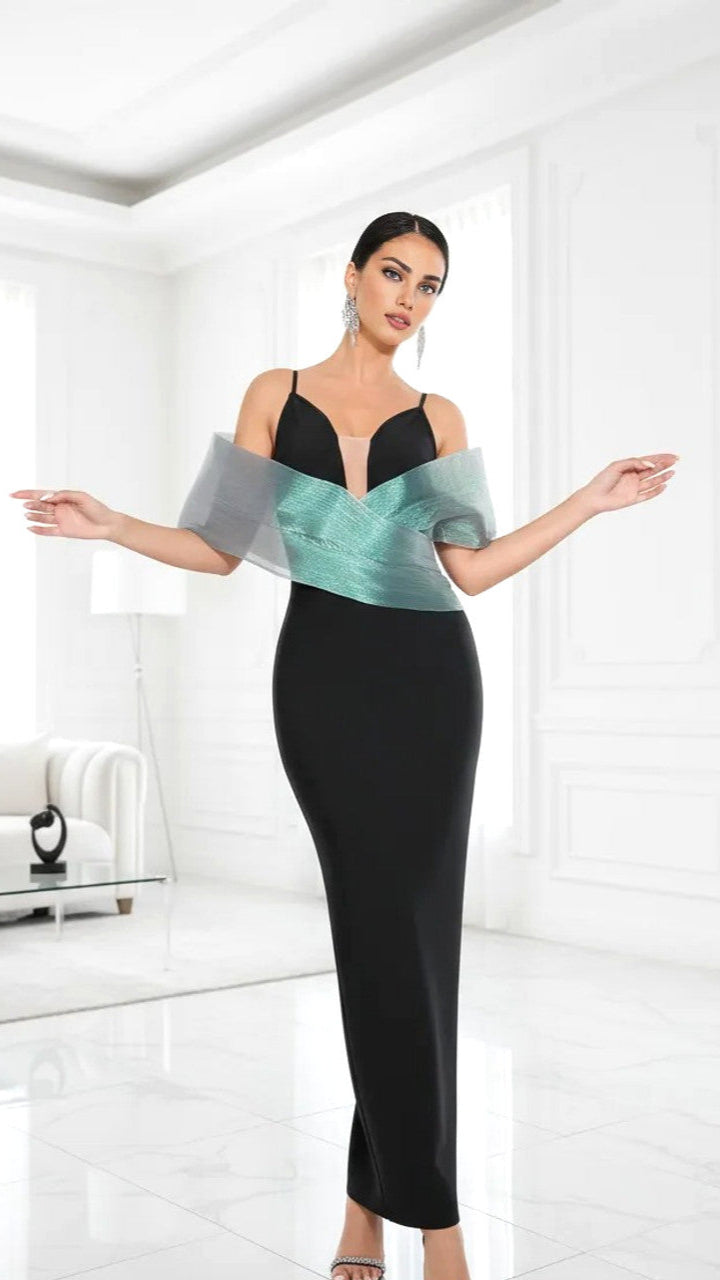 AIIZIE BARDOT DETAIL MAXI DRESS BLACK GREEN - product image